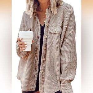 Waffle Knit Button-Front Women’s Sweater Shirt - Beige